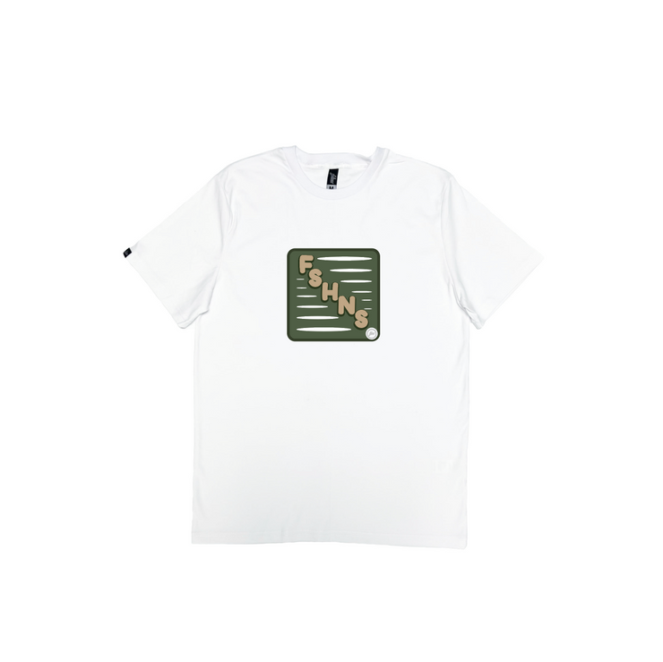 GREEN BOX YARD TEE |WHITE  | OLIVE AND GOLD DESIGN